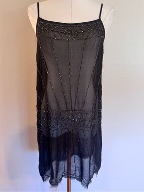 Free People XS Black Beaded Sheer Chiffon Mini Dress Tunic Boho